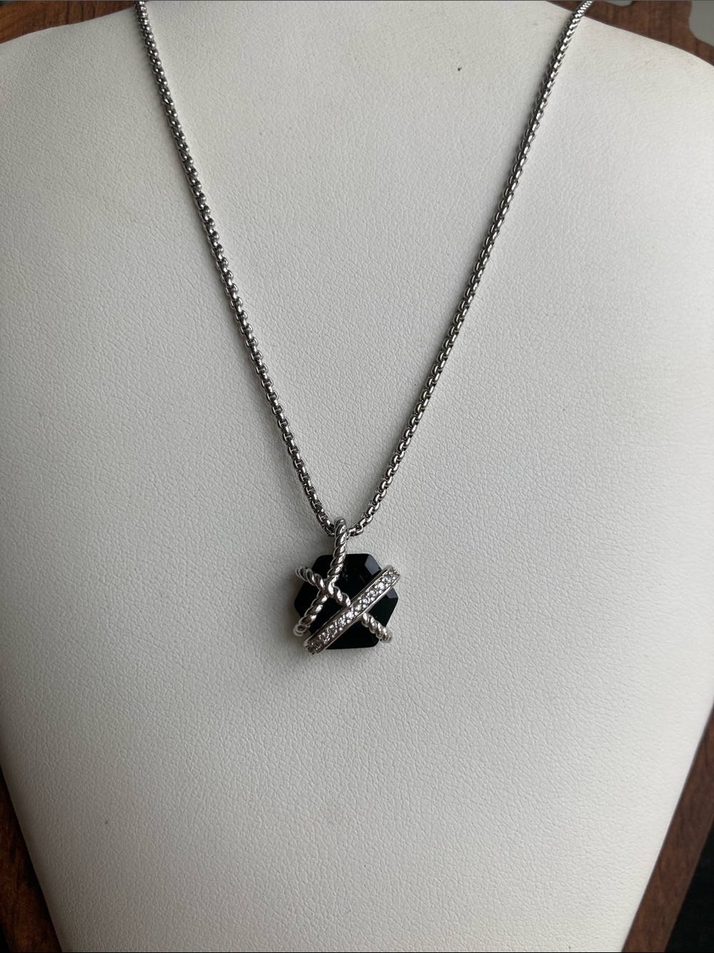 Black Faceted Pendant Necklace with Silver Pavé Accent